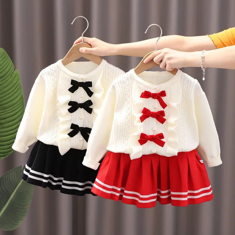 autumn winter childrens girls 2PCS clothing set loose knot bow knitted sweater Korean red pleated skiing baby girl set 241126