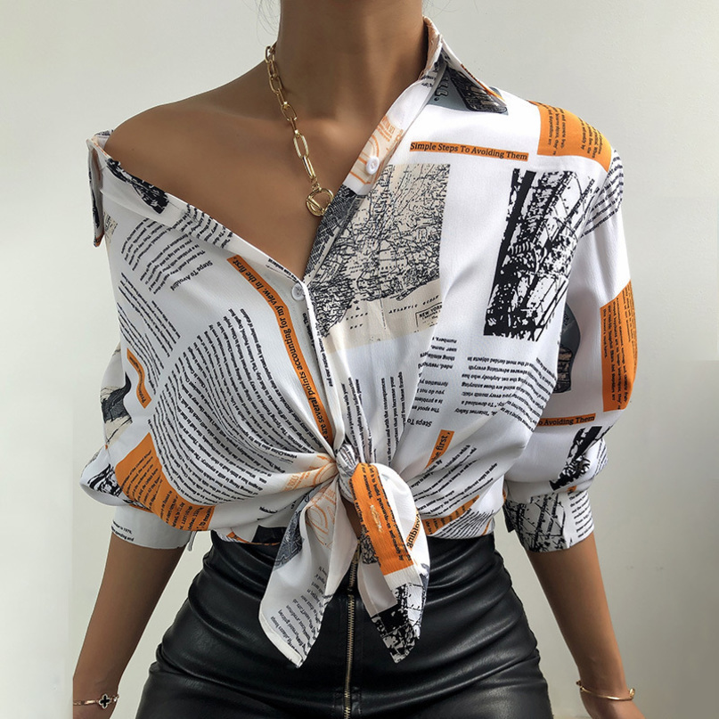 Womens Blouses Shirts Spring Women Turn Down Collar spaper Print Long Lantern Sleeve Button White Retro Casual Shirt Formal Office Wear Blouse 23040