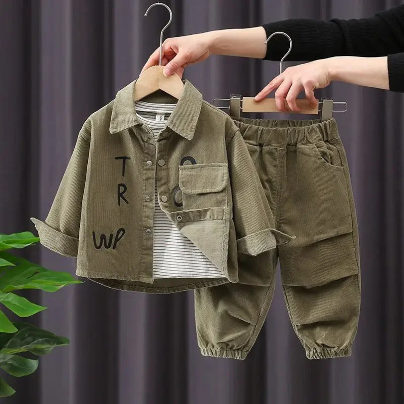 Boys Casual Autumn Set 2025 Korean Letter Printing Handsome Baby Spring Loose Thin Corduroy Long Sleeve 2pcs Set Outfits 250113