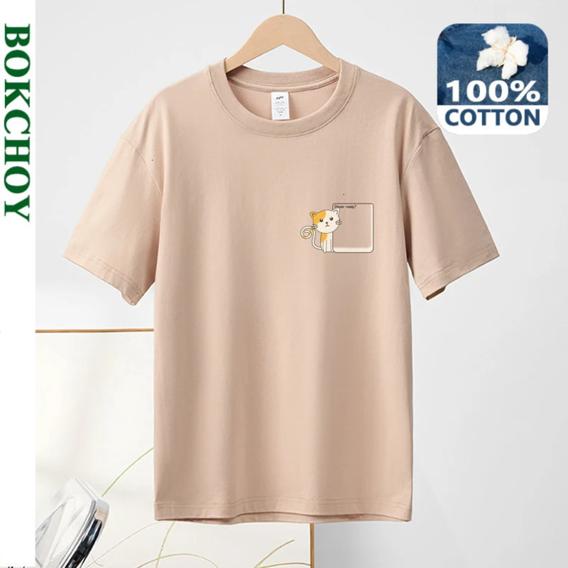 Summer Pure Cotton Men Tshirts Short Sleeve Cute Cat Printing Casual Solid Color Thin Top BOK0107 240513