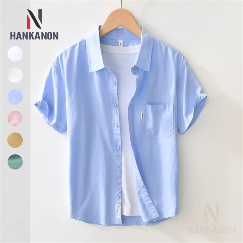 Mens 100% Cotton Short Sleeve Shirt Casual Fashion Trend Loose Solid Color Shirt Outdoor Camping WearClassic Fresh Style 240530