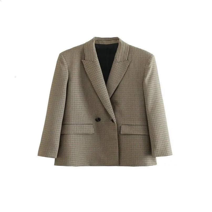 TRAF Women Fashion Double Breasted Plaid Blazer Coat Vintage Long Sleeve Flap Pockets Female Outerwear Chic Vestes Femme 250120