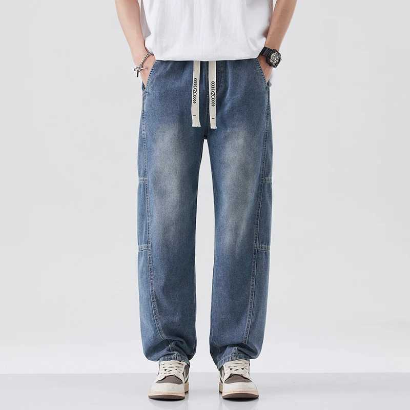 Mens Retro Style Loose Elastic Waist Wide Leg Jeans 2025 Autumn Winter Drawstring Design Draped Comfortable Pants Plus Size 4XL W250925