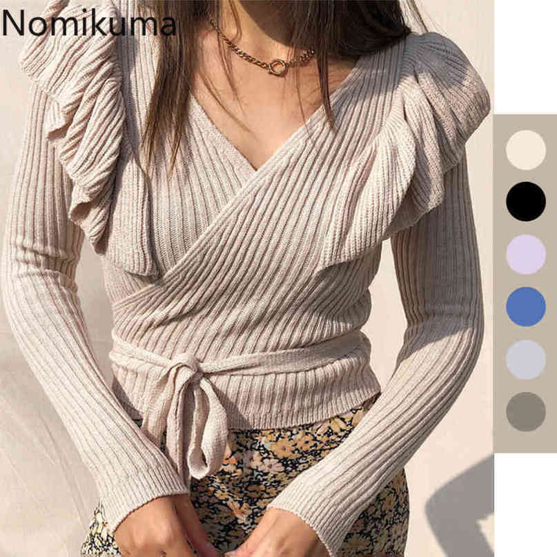 Nomikuma Korean Bow Bandage Slim Short Knitted Cardigan Sweet Ruffle Patchwork Sweater Causal V-neck Sexy Knitwear Tops 6D739 210427