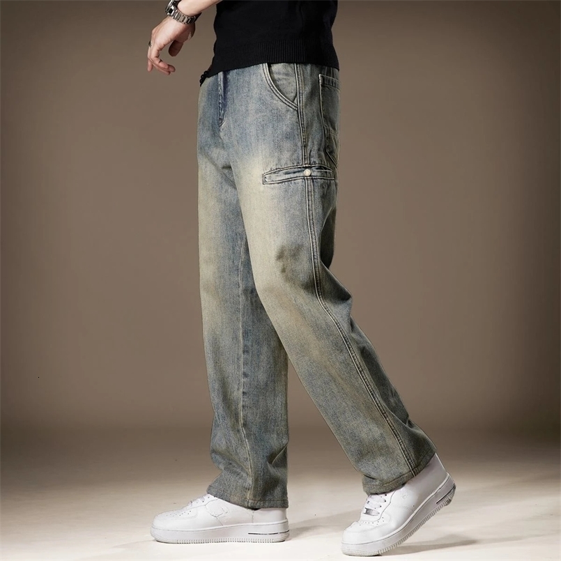 With Pockets Trousers Wide Leg Spring Autumn Loose Male Cowboy Pants Baggy Youthful Emo Mens Jeans Washed In Retro 250610