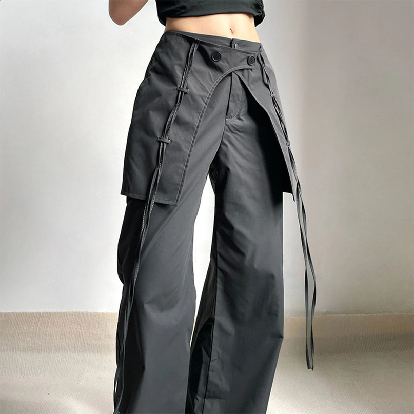 Y2K pants mid waist loose fitting womens cargo comfortable black solid color retro relaxation suitable for large pocket drawers 240822