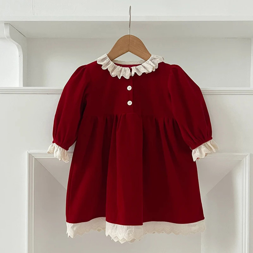 Christmas Party Dress Baby Lace Princess Ruffle Satin Finish Dress Fashion Christmas Holiday Autumn Winter Clothing Childrens Girls 241126