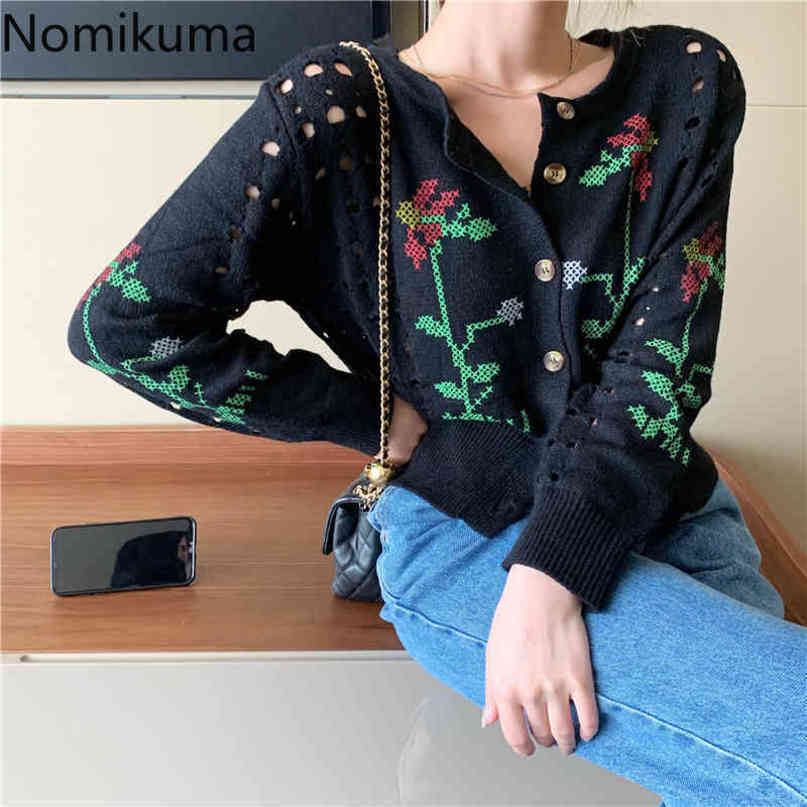 Nomikuma Autumn Short Causal Sweater Coat Korean Hook Hollow-out Floral Knitted Cardigan Long Sleeve O-neck Knitwear 6C175 210427