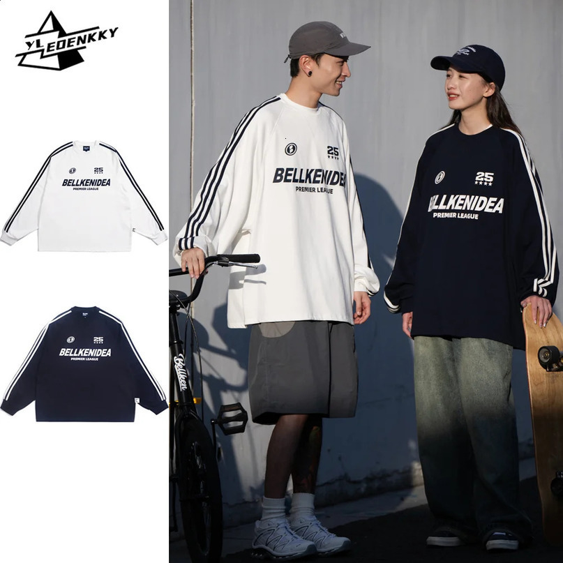 Hip hop casual top mens autumn loose splicing long sleeved street Harajuku letter printed Tshirt couple thin sweater 240815