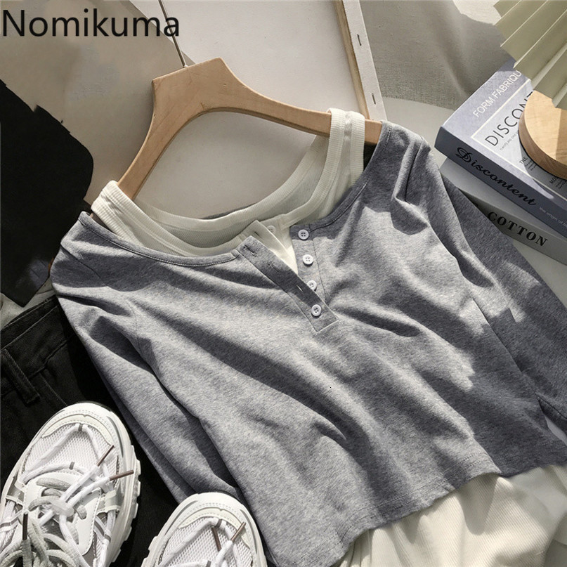 Nomikuma Women Two Pieces Outfits Long Sleeve T Shirts + Basic Vest Spring Sets Causal Hit Color 2pieces Outfits 6E980 210427
