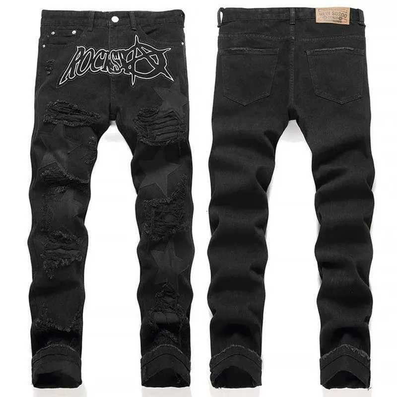 2025 Spring and Autumn New Fashion Trend Black Ripped Straight Leg Jeans Mens Leisure Sports High Quality Stretch Denim Pants W250925