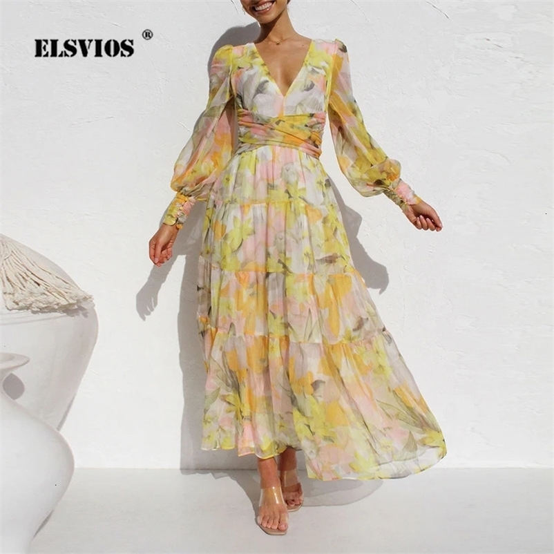 Vestidos Ladies Elegant Floral Print Lantern Long Sleeve Casual Chiffon Dress V-Neck Large Swing Dress Spring Autumn Dresses 240318