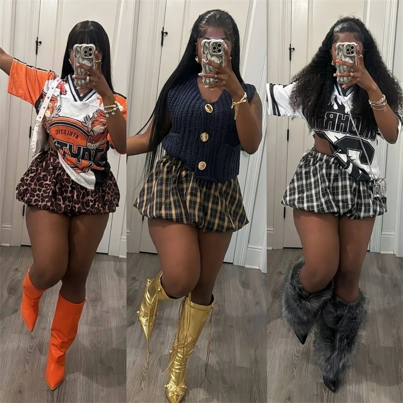Autumn Bubble A-Line Basic Plaid Leopard High Waist Womens Bud Skirt Sweet Cute Sexy Casual Street Skirts Vacation 250425
