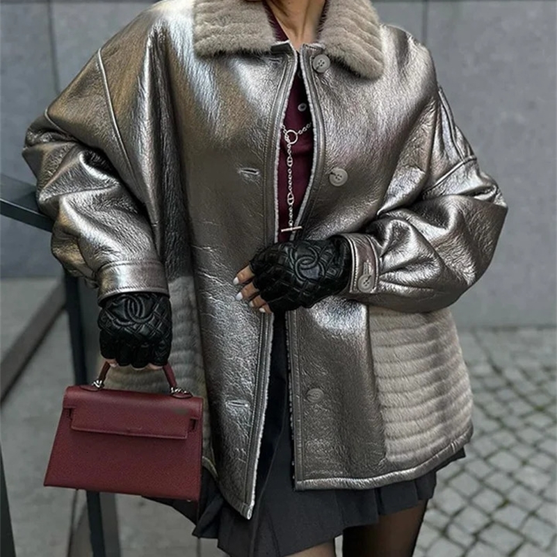 Fashionable womens shiny silver fur patchwork leather jacket casual lapel single chest thick 2024 streetwear 241211Z