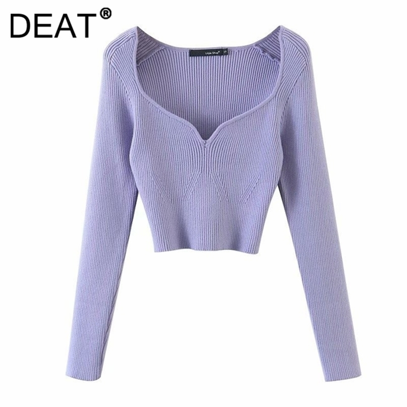 DEAT Autumn Winter Short Square Collar Thin Knitted Pullovers Sweater Loose V-Neck Long Sleeve Women Fashion 13U090 210917