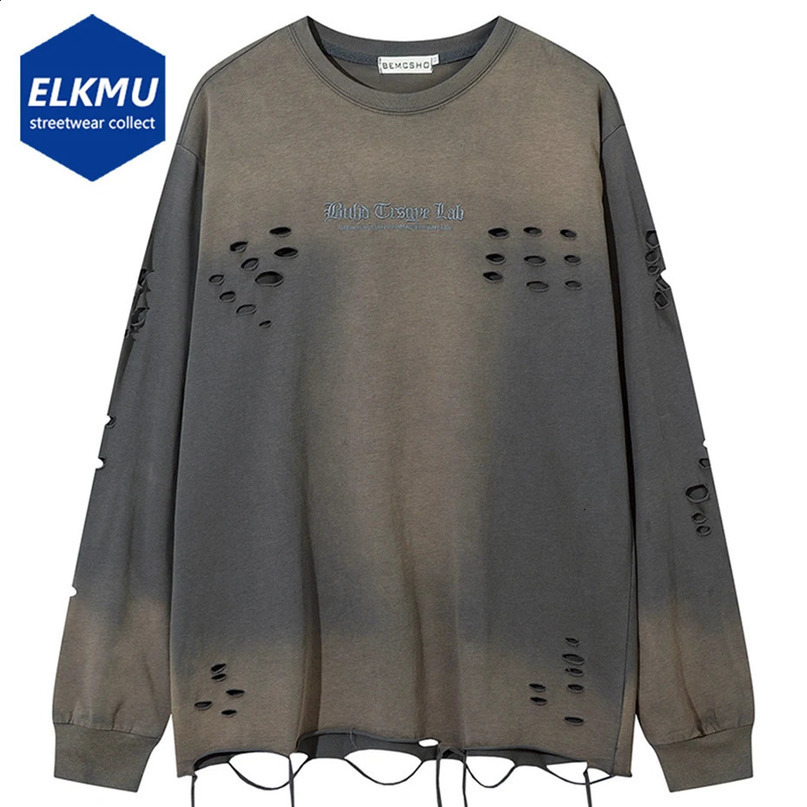 Hip hop torn long sleeved Tshirt mens Harajuku streetwear oversized retro loose top Y2K black 240823