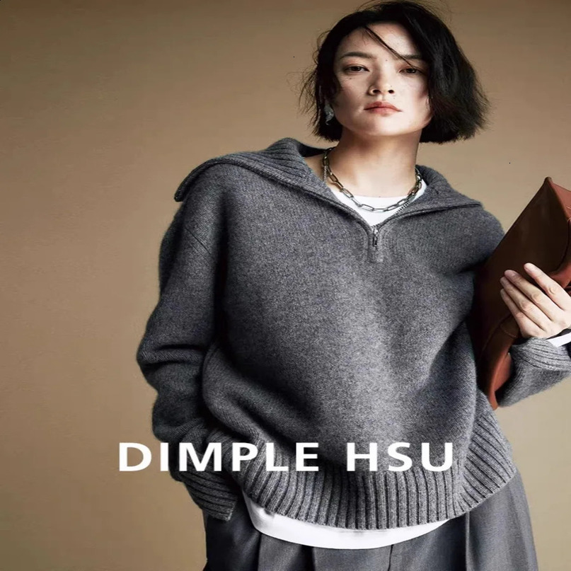 AutumnWinter Retro Zipper Collar 100% Pure Cashmere Sweater Womens Loose Thick Knitted Base 241007