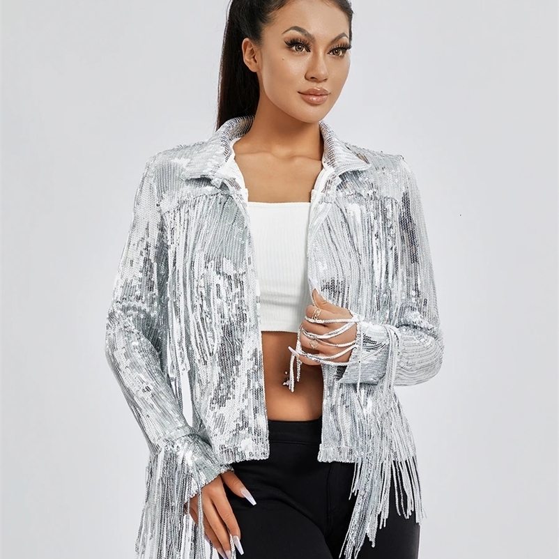 Womens Autumn Winter Solid Color Sequin Party Jackets Sparkly Long Sleeve Open Front Tassel Jackets Blazers Clubwear 240530