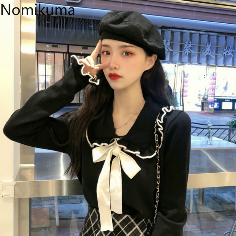 Nomikuma Autumn New Sweet Bow Tie Knitwear Korean Ruffle Turn-down Collar Knitted Cardigan Slim Long Sleeve Sweater 6D075 210427