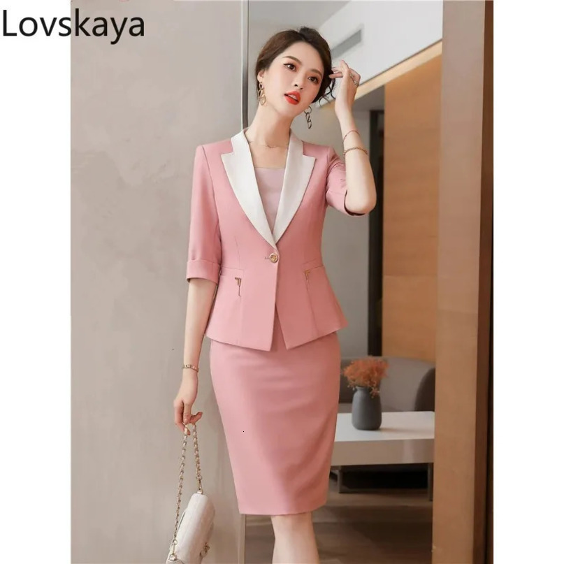Elegant Formal Suits Pocket Back Split Midi Skirt Chic sets Womens Blazer Two Piece Sets Office 240704
