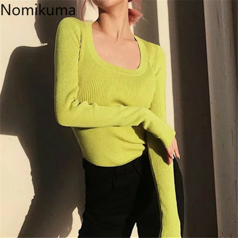 Nomikuma Korean Slim Basic Knitted Pullover Tops Spring Autumn Deep O-neck Knitwear Cuasal Long Sleeve Women Jumper 6E513 210427