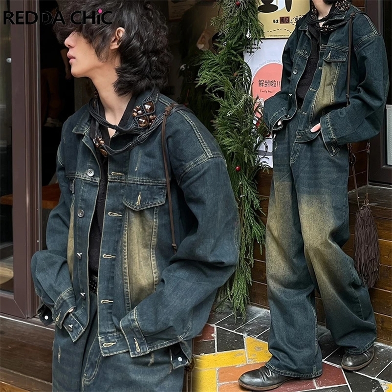 REDDACHiC Mens Denim Suit Bomber Jacket Baggy Jeans 2-piece Set Brushed Wide Leg Pants Oversize Coat Hiphop Harajuku Clothes 240318