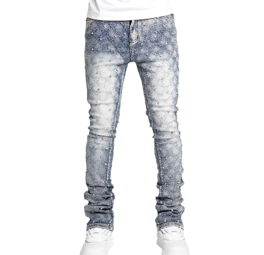 Pencil jeans mens desinger jean pants european and american straight leg rhinestone popular elastic denim layered flared pants