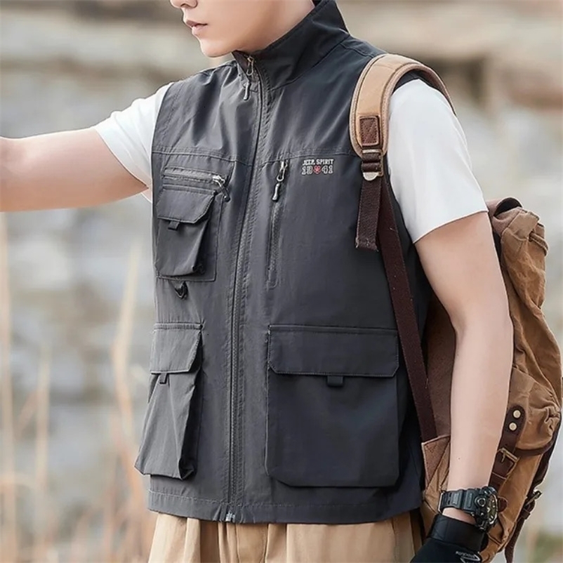 Mens Solid Color Zipper Stand Collar Pockets Sleeveless Cardigan Vests Coats Fashion Clothing Spring Summer Boyfriend Tops 240518