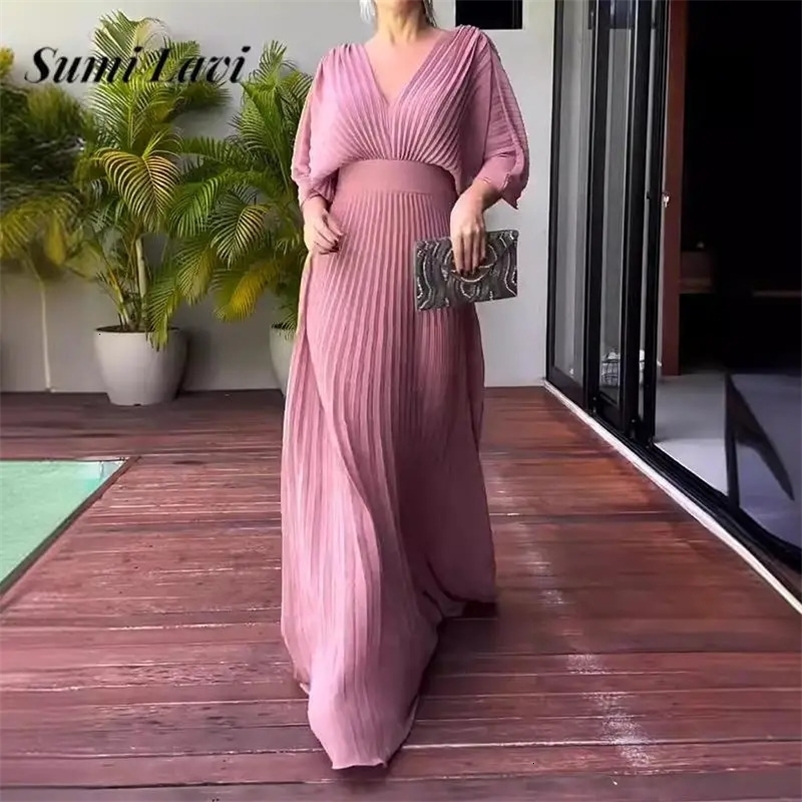 Sexy V-neck 3/4 Sleeve Long Dress Spring Elegant High Waist Solid Party Dress Autumn Women Fashion Pleated Waist Maxi Dress 240318