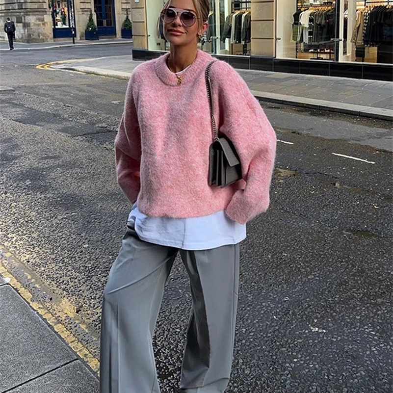 Pink Wool Cashmere Thicken Casual Loose Knitted Sweater Pullover 2024 Autumn O Neck Long Sleeve Sweaters Lady Streetwear 241223Zy