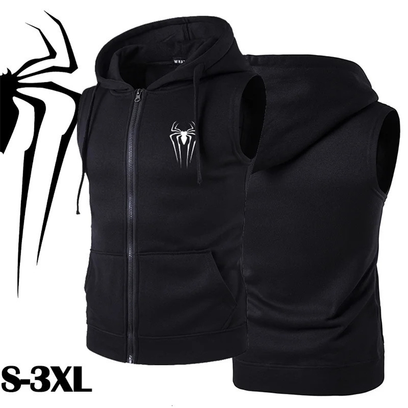 Mens Casual Vest Jacket with Spider Print Fashion Street Wear Sleeveless Top Hooded Sweatshirt Tank Top Vest Mens Clothing 240518