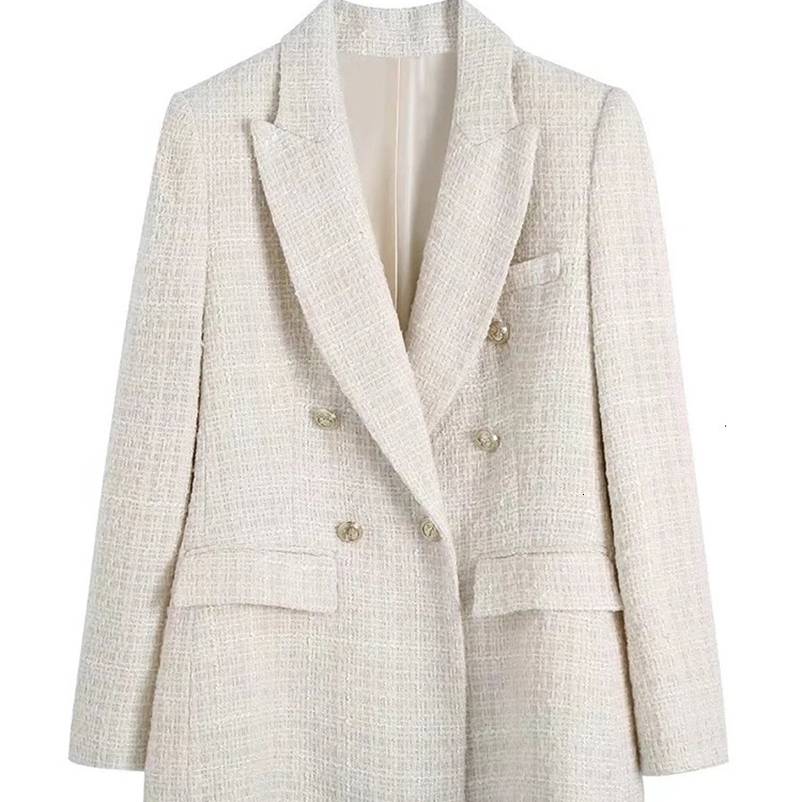 TRAF Women Fashion Tweed Double Breasted Blazer Coat Vintage Long Sleeve Flap Pockets Female Outerwear Chic Veste Femme 240229