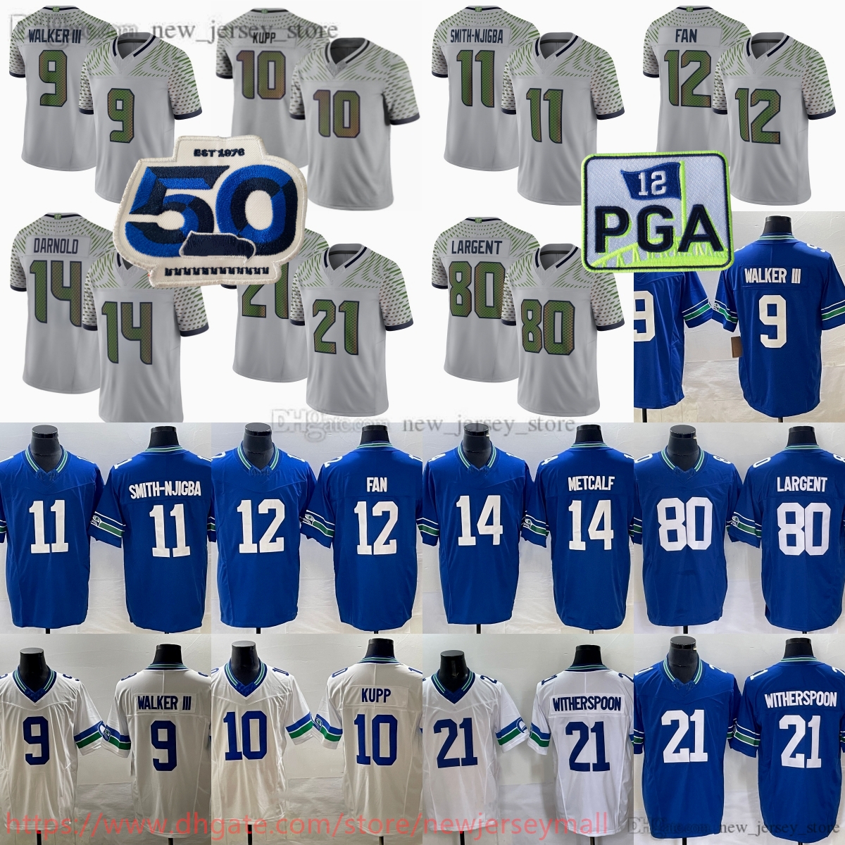 2025-26 New Football 9 Kenneth Walker III Jersey Stitched 11 Jaxon Smith-Njigba 21 Devon Witherspoon 80 Steve Largent 10 Cooper Kupp 14 Sam Darno-image-975831742