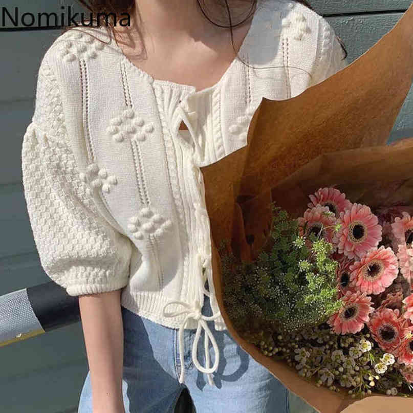 Nomikuma Elegant O-neck 3D Dot Knitwear Coat Causal Puff Sleeve Women Sweater Causal Sweet Bow Tie Short Knitted Cardigan 6G495 210427