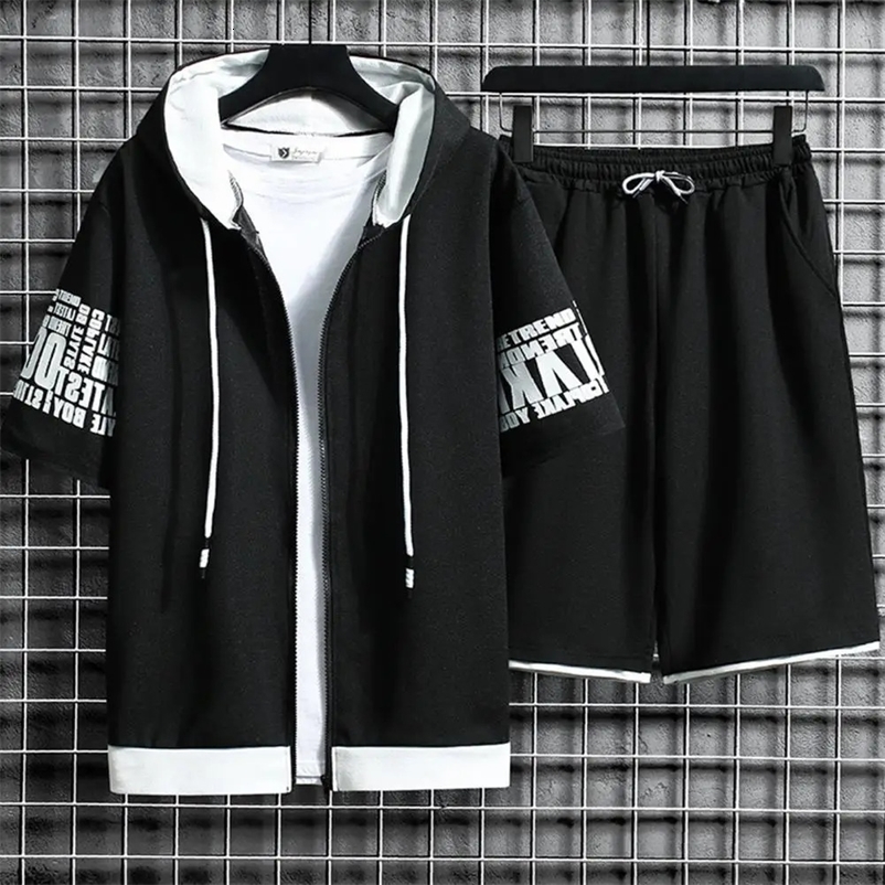Fashion Mens Sets Hooded Summer Casual Sportswear Men Short Sleeve Zipper Topsshorts 2 Piece Hip Hop Streetwear Male Tracksuit 240518
