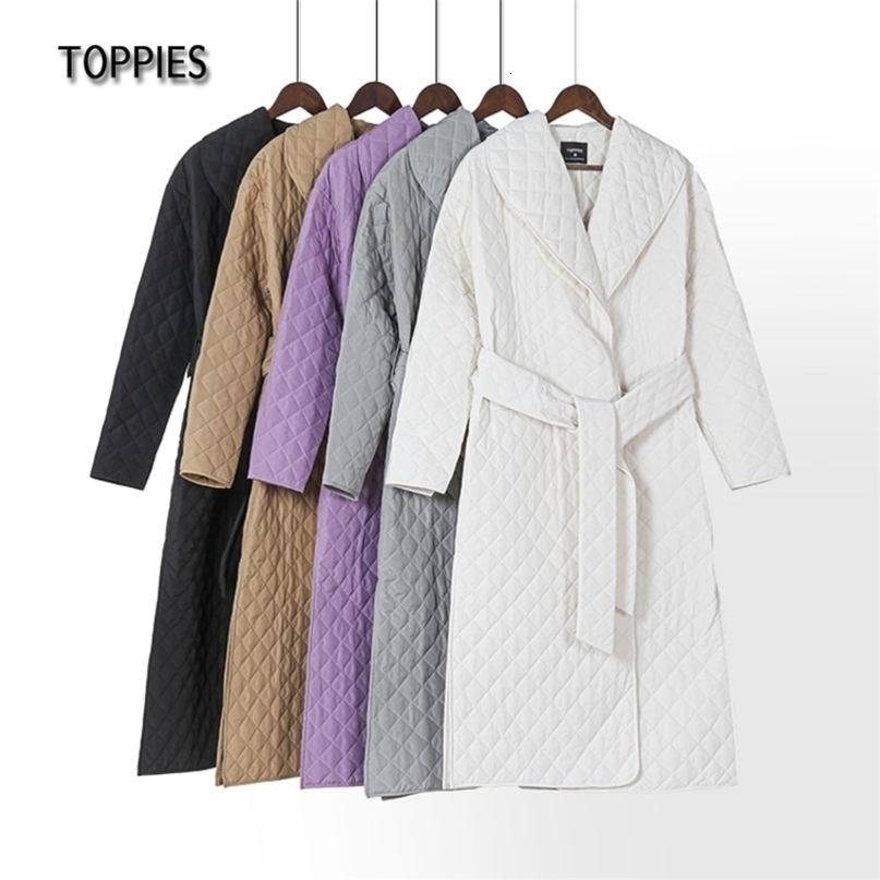 Toppies autumn winter coat womens argyle long jacket thin parkas double breasted belt coat plaid 210819