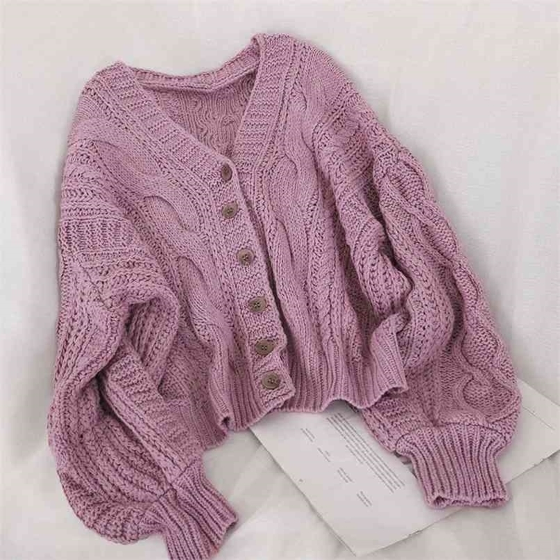 Autumn Winter Women's Cardigan Korean Style The Retro Solid Color V-neck Knitted Cardigan Loose Short Twist Sweater Coats LL503 210917