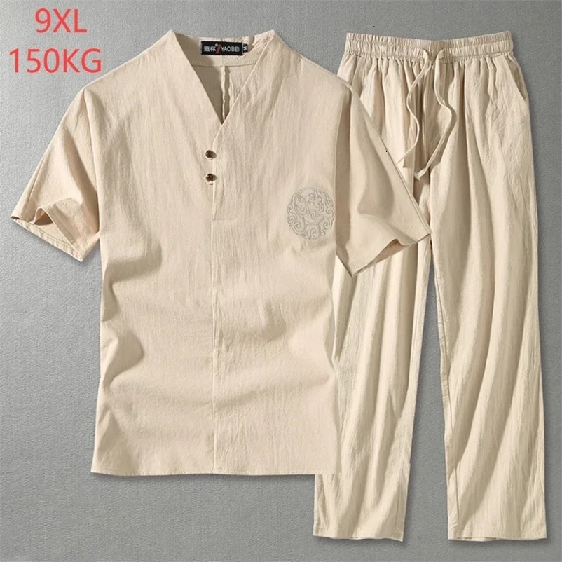 9XL Mens Large Plus Size Cotton Linen Tracksuits Oversized Summer Men T Shirts Pants Suits Male Sets Two Piece Husband Clothing 240429