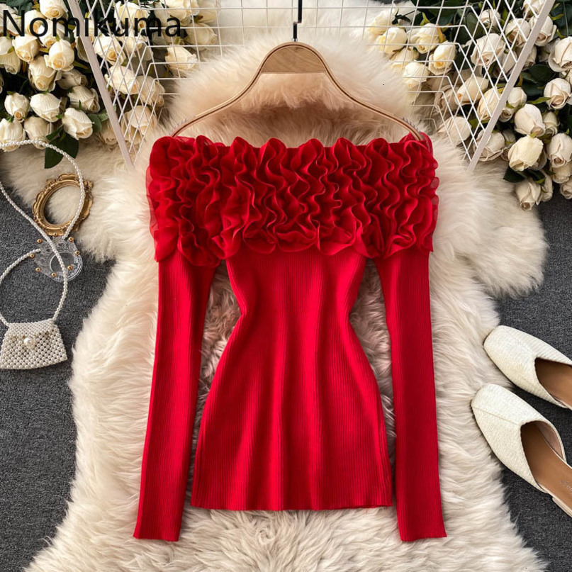 Nomikuma Women Knitted Top 3D Flowers Sexy Slash Neck Strapless Pullover Knitwear New Korean Long Sleeve Slim Sweater 6D598 210427