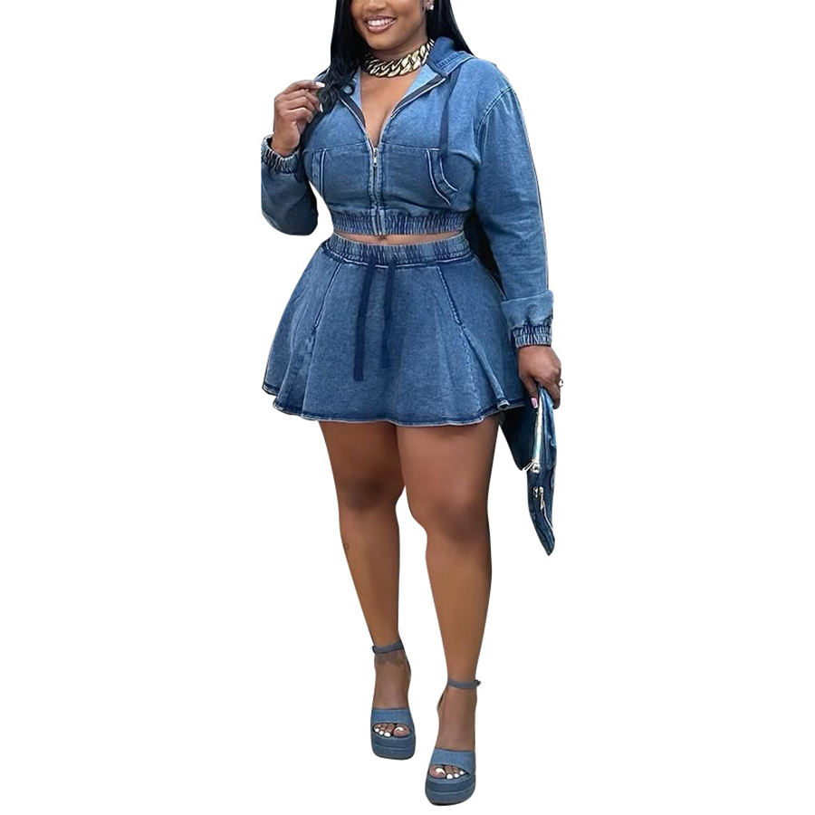 Women Two Piece Pants Denim Slim Long Sleeve Mini Skirt Jeans Set Zip Up Crop Tops High Waisted 2 Piece Outfits