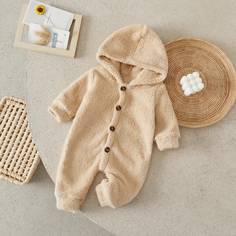 Suefunskry Lovely born Baby Girl Boy Fleece Jumpsuit Autumn Winter Solid Color Long Sleeve Full Length Hooded Warm Romper 250113