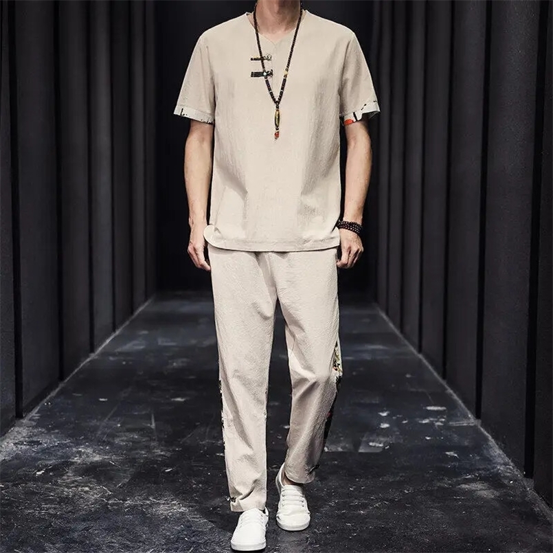 Summer Mens Cotton Linen Short Sleeve T-Shirt 2-Piece Set Casual Sports Suit V-Neck White Color Chinese Style 250522