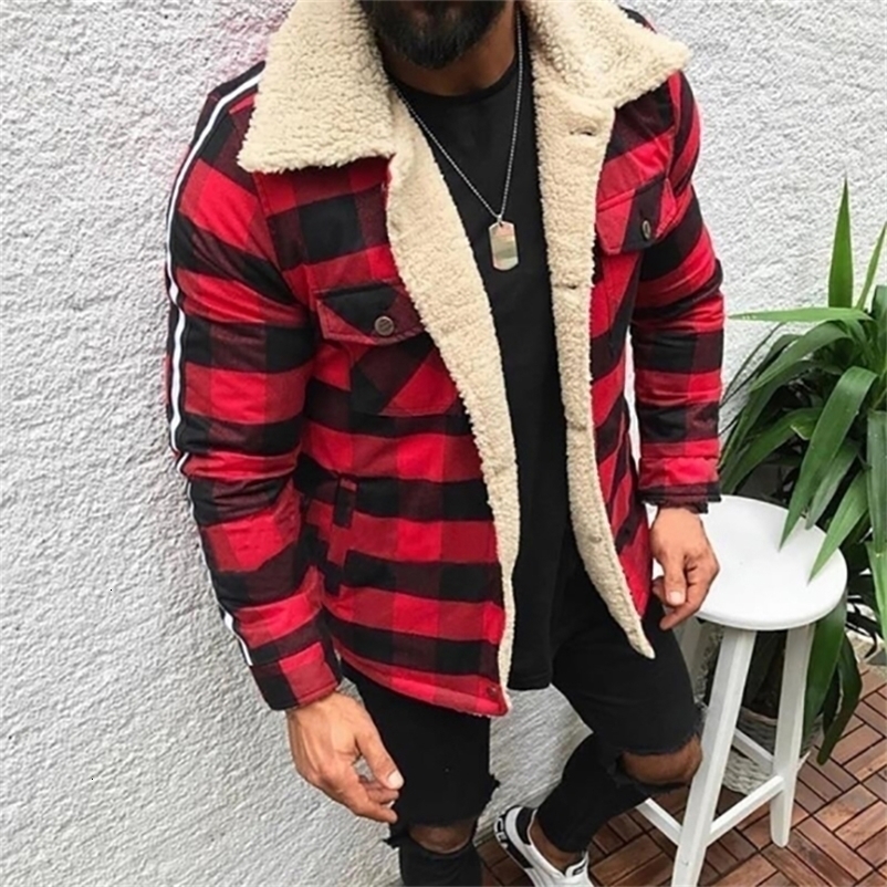 Men's Jackets Fashion Casual Pocket Long Sleeve Jacket Men Winter Lining Fleece Warm Coats Top Loose Turn-down Collar Plaid Retro Outwear 22091