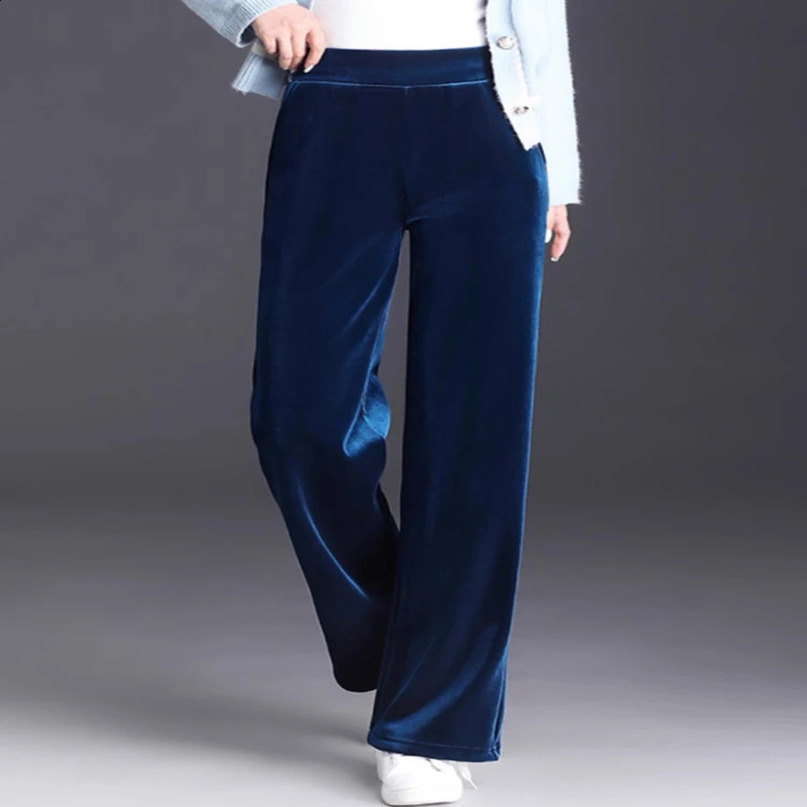 Pantaloni a gambe larghe in velluto dorato e vita in alto autunno appeso a pantaloni da donna dritti blu casual sciolti 6xl 250120