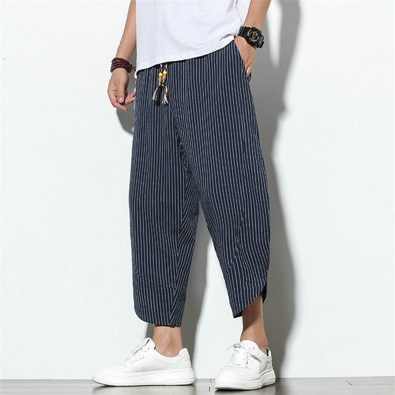 Men's Pants Baggy Cotton Linen Harem Pants Men Korean Vintage Striped Men Women Hip Hop Plus Size Wide Leg Pant Pantalone 230512