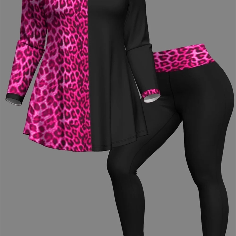 Plus Size Leopard Print Splicing Twopiece Set Crew Neck Long Sleeve Top and Slim Pant Outfits Matching 2024 241203Z