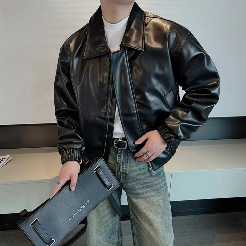 Autumn/Winter Korean Retro PU Leather Jacket Mens Loose Motorcycle Leather Jacket Flip Collar Short Street Wear Social Casual Mens Wear 241104