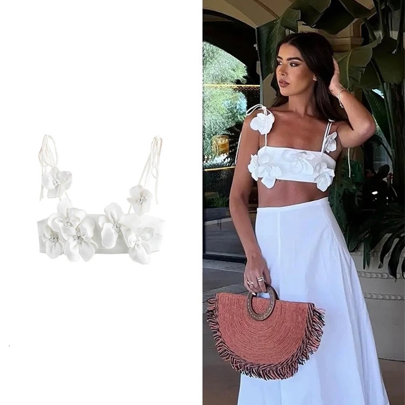 ZABA Womens 3D Floral Lingerie Style Wrap Camisole Top Summer Fashion Sexy Backless White Beach Vacation Camisole Tank Top 250411