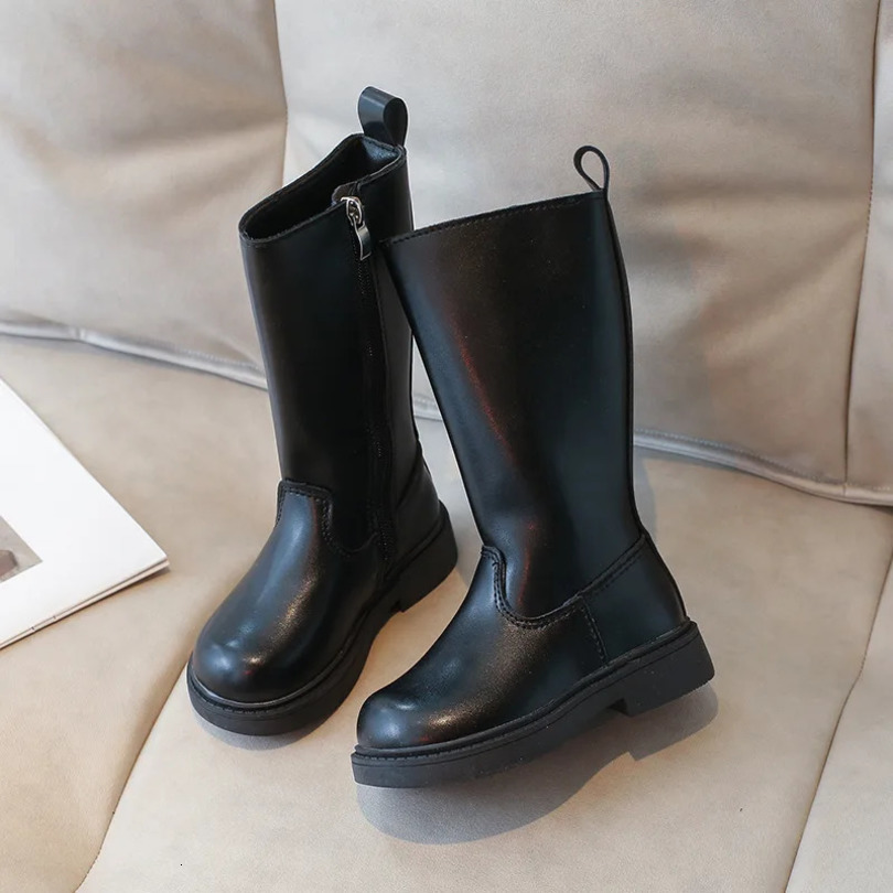 Botas negras de niñas Otoño Invierno Invierno Botas Altas Botas Estilo simple Botas de cuero Soft PU 241010