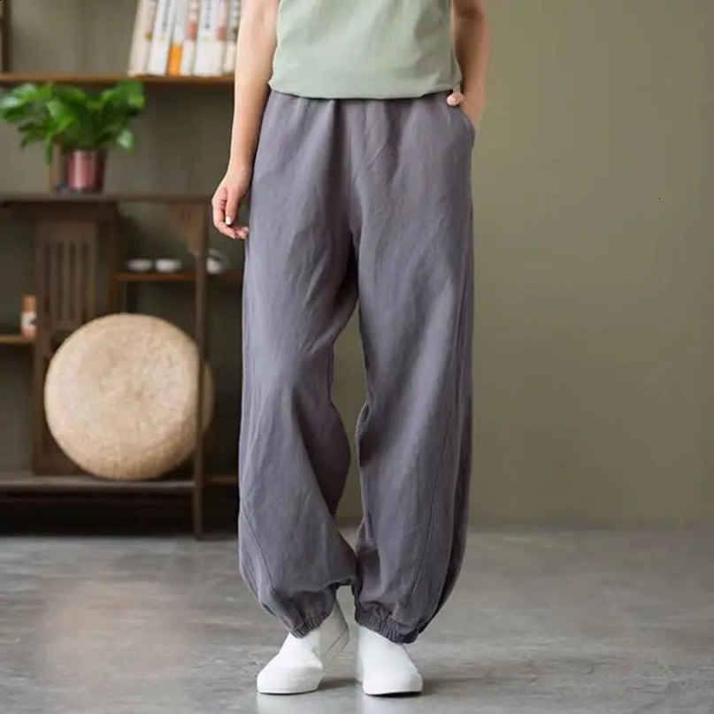 100% Cotton Retro Lantern Casual Pants for Womens Spring Summer Leggings Loose Solid Color Versatile Slimming Trousers 250102